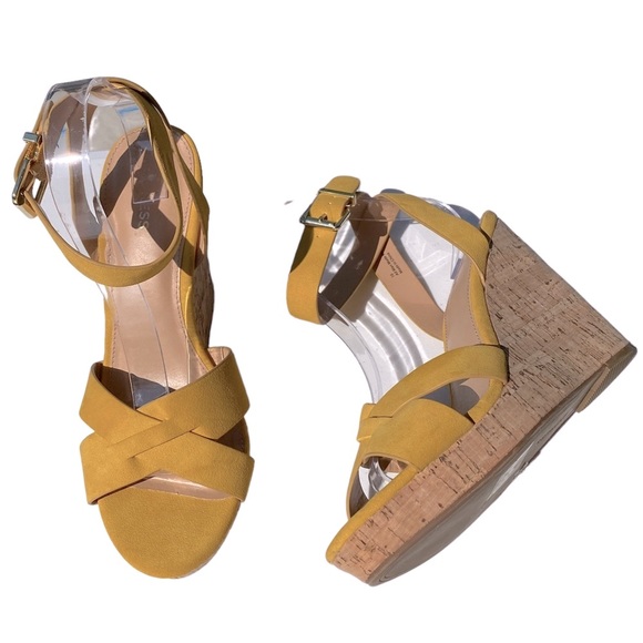 Express Shoes - NWOT Mustard Yellow Cork Wedge ankle strap espadrilles sandals womens size 10